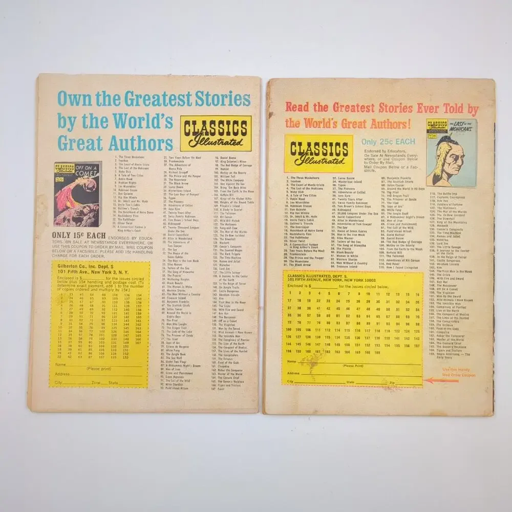 Classics Illustrated Comic Book Lot of 2 #13 #139 Gilberton 1964 1969 Silver Age